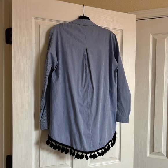ZARA Blue and White Striped Button Down with Black Tassels on Hem - Picture 7 of 11